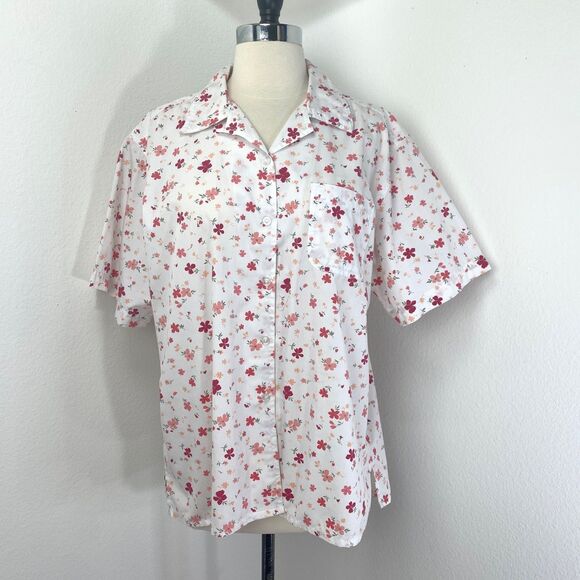 Bobbie Brooks White Red Floral Blouse XL Button Front Oversized Boho Peasant Top - Picture 1 of 9